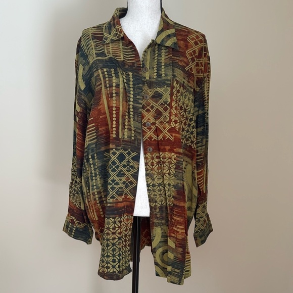 Zion Long Sleeve Tunic Button Down Shirt Blouse Jacket Abstract Brown L - Picture 1 of 6